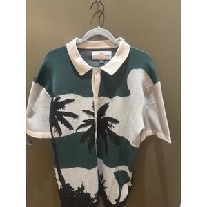 Free Planet Mens Emerald Palm Tree Knit Button Down Shirt FV9W69EMR M